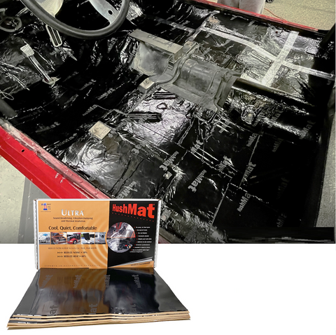HushMat sound-deadening material installed on a vehicle floor, representative application