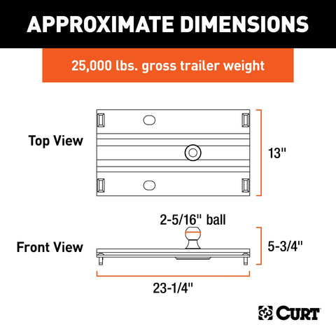 CURT 16055 Bent Plate 5th Wheel Rail Gooseneck Hitch with 2-5/16 Ball, 25K (3 Offset)