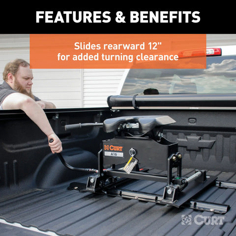 CURT 16621 A16 Sliding 5th Wheel Hitch with Rails, 16,000 lbs.