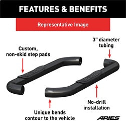 ARIES 202001 - 3 Round Black Steel Side Bars, Select Toyota Tacoma
