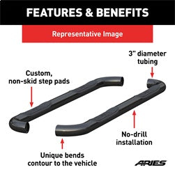 ARIES 203009 - 3 Round Black Steel Side Bars, Select Ford F-150
