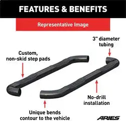 ARIES 204009 - 3 Round Black Steel Side Bars, Select Silverado, Sierra 1500, 2500, 3500 HD