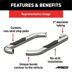 ARIES 204036-2 - 3 Round Polished Stainless Side Bars, Select Chevrolet, GMC C, K