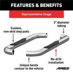 ARIES 205039-2 - 3 Round Polished Stainless Side Bars, Select Dodge, Ram 1500, 2500, 3500