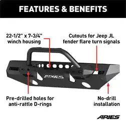 ARIES 2082088 - TrailChaser Jeep Wrangler JL, Gladiator Steel Front Bumper (Option 8)