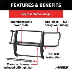 ARIES 2170016 - Pro Series Black Steel Grille Guard with Light Bar, Select Chevy Silverado 1500