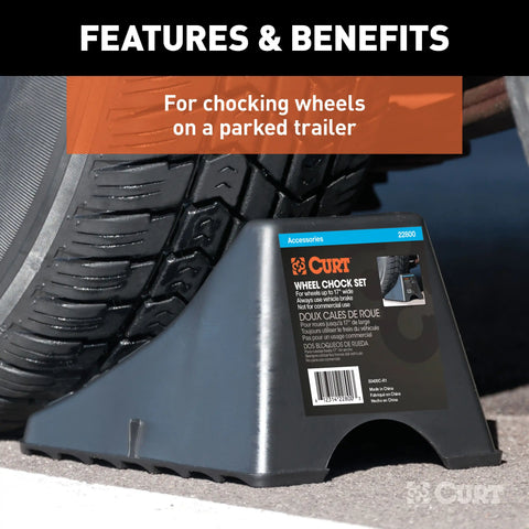 CURT 22800 Black Plastic Wheel Chocks, Vehicle, Trailer, Truck, RV, 2-Pack