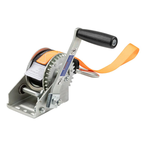CURT 25002 Hand Crank Winch with 15' Strap & Bow Loop (900 lbs, 6.5 Handle)
