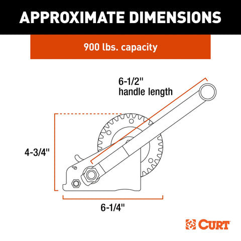 CURT 25002 Hand Crank Winch with 15' Strap & Bow Loop (900 lbs, 6.5 Handle)