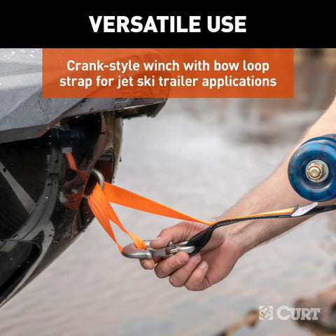 CURT 25002 Hand Crank Winch with 15' Strap & Bow Loop (900 lbs, 6.5 Handle)