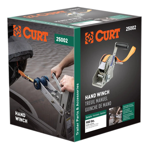 CURT 25002 Hand Crank Winch with 15' Strap & Bow Loop (900 lbs, 6.5 Handle)