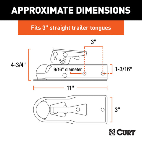 CURT 25100 - 2in. Straight-Tongue Coupler with Posi-Lock (3in. Channel 5000 lbs Zinc)