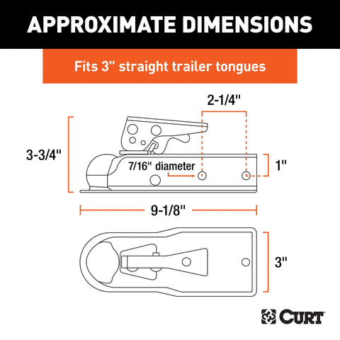 CURT 25131 1-7/8 Straight-Tongue Coupler with Posi-Lock (3 Channel, 2,000 lbs, Zinc)