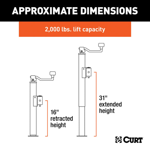 CURT 28323 Pipe-Mount Swivel Jack with Top Handle (2,000 lbs, 15 Travel, Packaged)