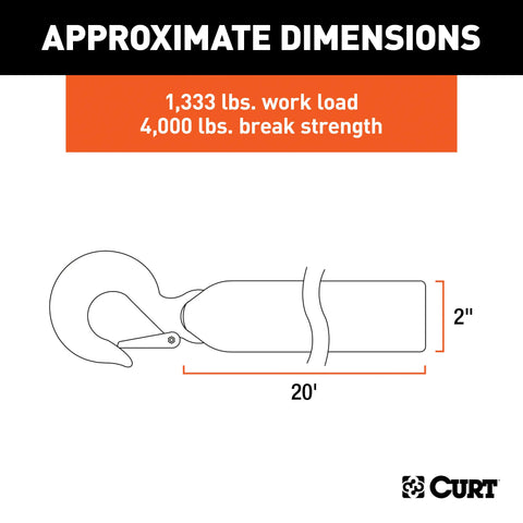 CURT 29007 2-Inch x 20-Foot Nylon Winch Strap with Hook, 4,000 lbs