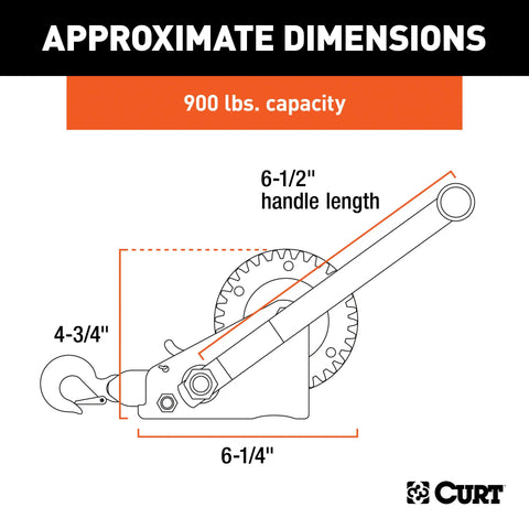 CURT 29433 Hand Crank Winch with 15' Strap (900 lbs, 6-1/2 Handle)