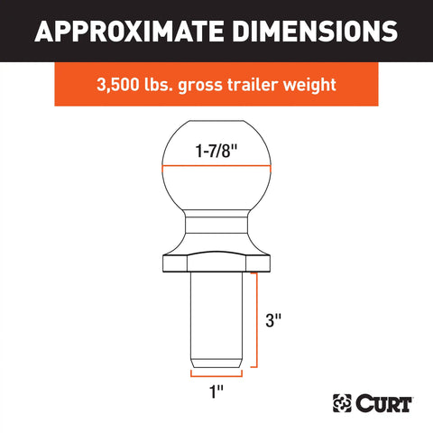 CURT 40017 1-7/8 Trailer Ball (1 x 3 Shank, 3,500 lbs., Chrome)
