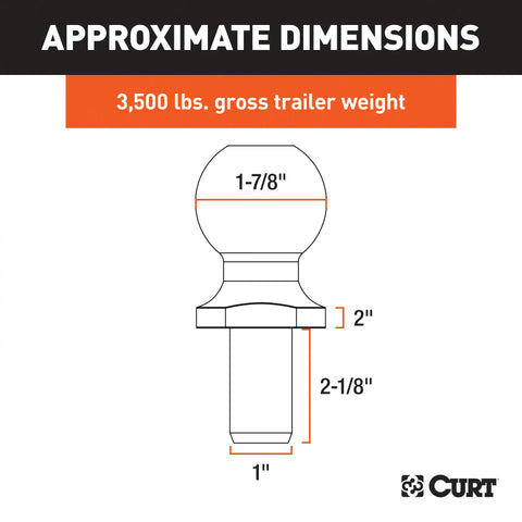 CURT 40032 1-7/8 Trailer Ball (1 x 2-1/8 Shank, 2 Rise, 3,500 lbs., Chrome)