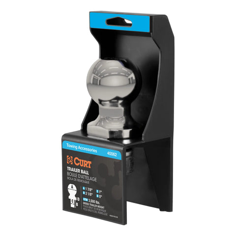 CURT 40081 1-7/8 Trailer Ball (1 x 2-1/8 Shank, 3,500 lbs., Stainless, Packaged)