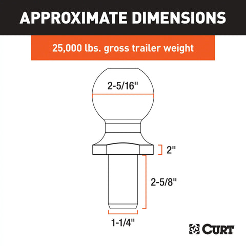 CURT 40087 2-5/16 Trailer Ball (1-1/4 x 2-5/8 Shank, 2 Rise, 25,000 lbs., Raw Steel)