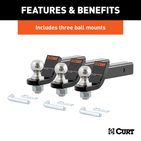 CURT 45037 Loaded Ball Mounts with 2 Balls (2 Shank, 7,500 lbs., Drop, 3-Pack)