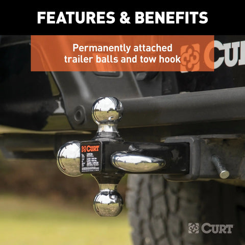 CURT 45675 Multi-Ball Mount with Hook (2 Solid Shank, 1-7/8", 2 & 2-5/16 Chrome Balls)