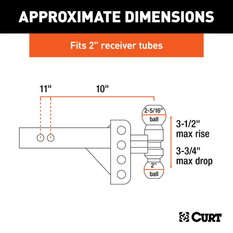 CURT 45903 Slim Adjustable Channel Mount with Dual Ball (2 Shank, 10K, 3-3/4 Drop)
