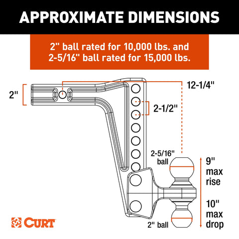 CURT 45936 Deep-Drop Adjustable Trailer Hitch Ball Mount with Dual Ball, 2 Shank, 15K