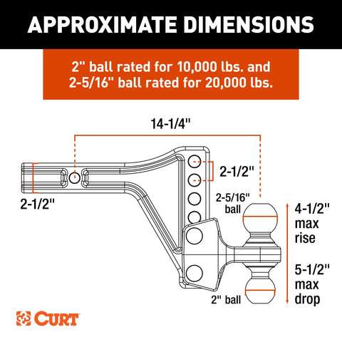 CURT 45937 HD Adjustable Trailer Hitch Ball Mount with Dual Ball, 2-1/2 Shank, 20K