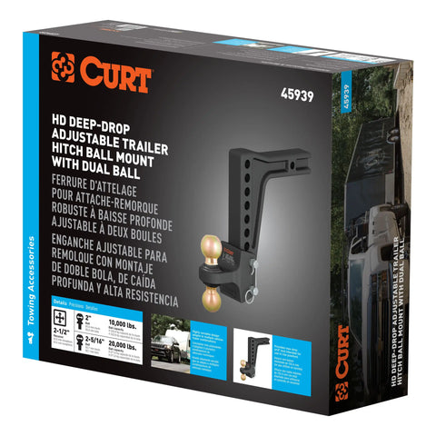 CURT 45939 HD Deep-Drop Adjustable Hitch Ball Mount with Dual Ball, 2-1/2 Shank, 20K