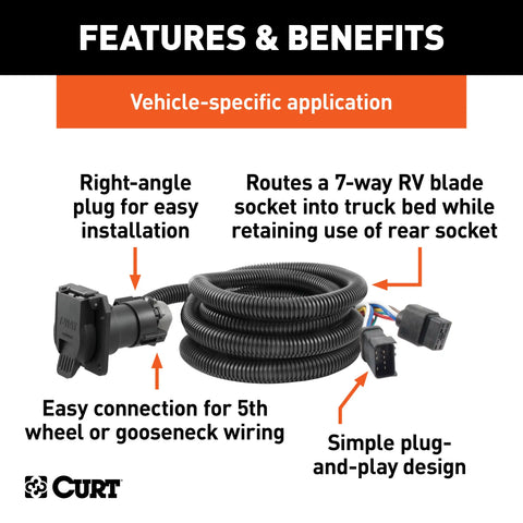 CURT 56001 - 10ft. Custom Wiring Extension Harness (Adds 7-Way RV Blade to Truck Bed)