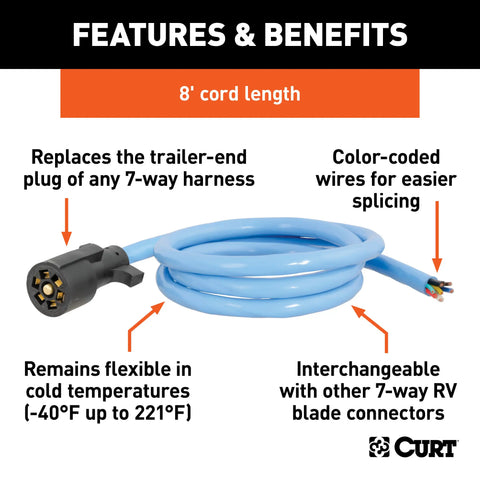 CURT 56612 - Cold-Weather Replacement 7-Way RV Blade with 8ft. Wires (Trailer Side)