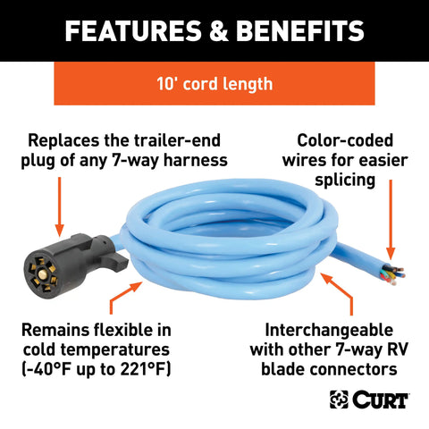 CURT 56613 - Cold-Weather Replacement 7-Way RV Blade with 10ft. Wires (Trailer Side)