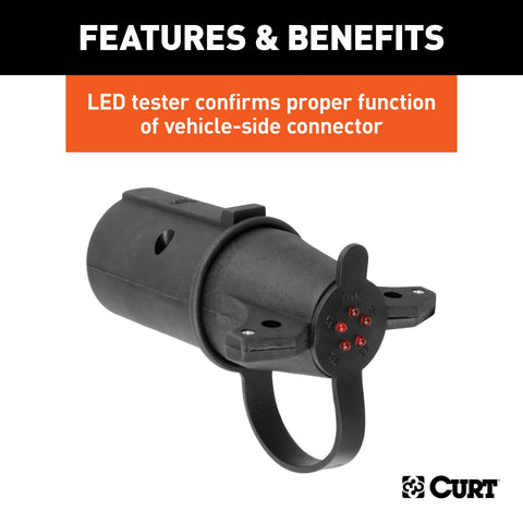 CURT 57255 - Adapter with Tester (7-Way RV Blade to 6-Round Trailer Center Pin Auxiliary)