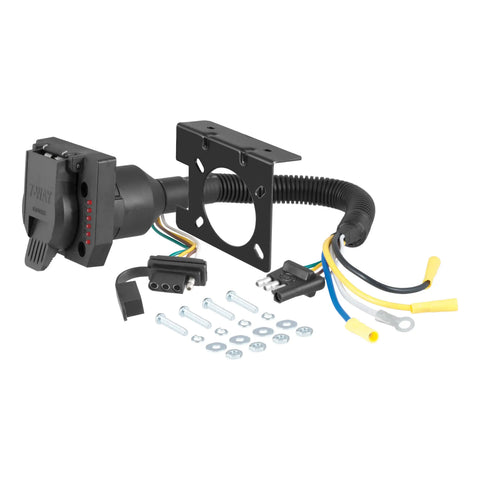 CURT 57674 - Dual-Output Electrical Adapter with Tester (Adds 7-Way RV Blade to 4-Way Flat)