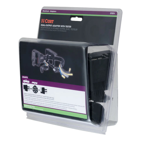 CURT 57674 - Dual-Output Electrical Adapter with Tester (Adds 7-Way RV Blade to 4-Way Flat)