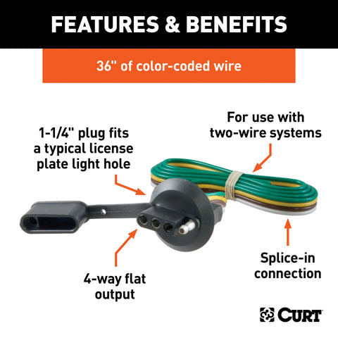 CURT 58405 - 4-Way Flat License Plate Light Plug Connector Socket with 36in. Wires