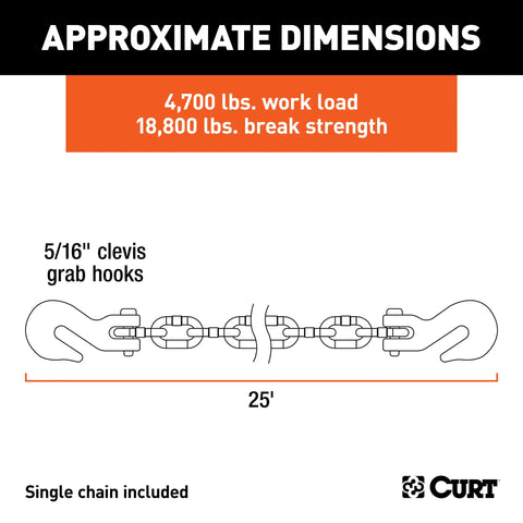 CURT 80308 - 25ft. Transport Binder Safety Chain with 2 Clevis Hooks (18800 lbs Yellow Zinc