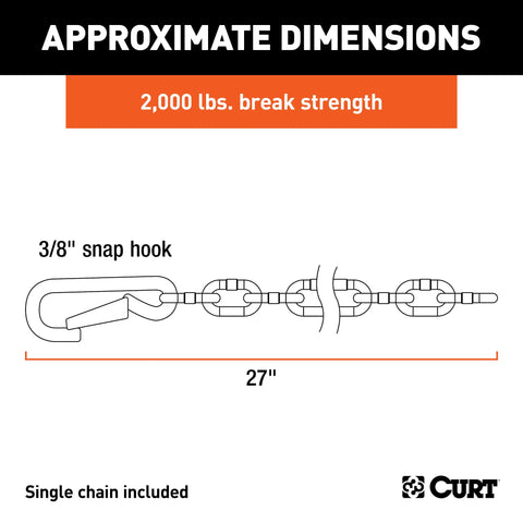 CURT 80312 - 27in. Safety Chain with 1 Snap Hook (2000 lbs Clear Zinc)