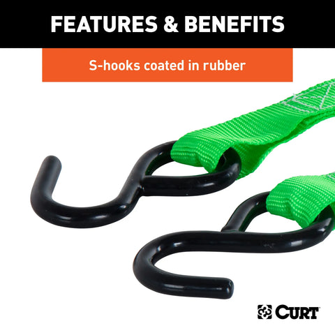 CURT 83015 - 15ft. Dark Green Cargo Straps with S-Hooks (300 lbs 2-Pack)