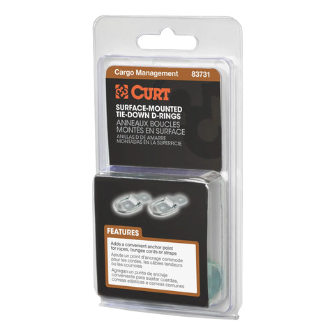 CURT 83731 - 1in. x 1-1/4in. Surface-Mounted Tie-Down D-Rings (1200 lbs Clear Zinc 2-Pack)