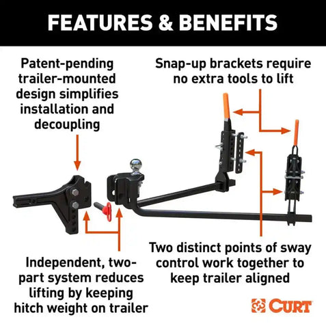 CURT 17510 Weight Distribution Hitch TruTrack Round Bar Fits 2 Inch Receiver 800 to 1000 Pound