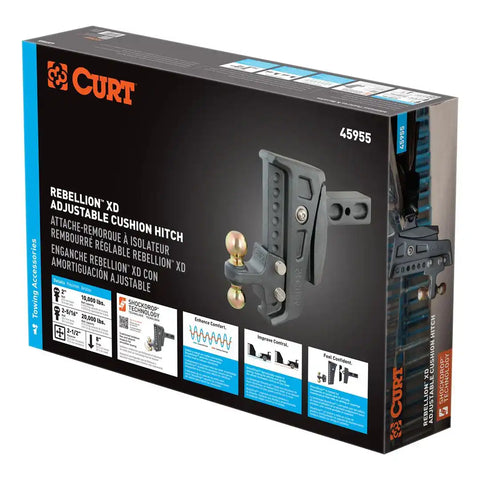 CURT 45955 Rebellion XD Adjustable Cushion Hitch (2-1/2 Shank, 2", 2-5/16 Balls, 20K)