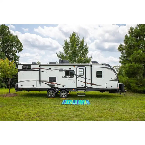 Camco 42806 Patio Mat Handy 6-1/2 Foot Length x 5 Width Blue/ Turquoise/ Green Stripes Polypropylene