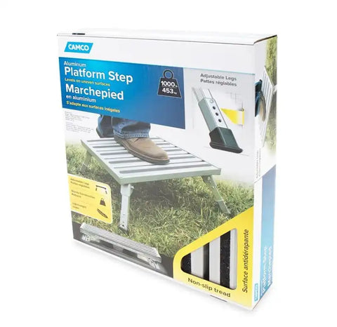 Camco 43676 Step Stool One With Foldable Legs 19 Inch Width — 14-1?2 Length Platform 7 to 8-1/2 Height Adjustable