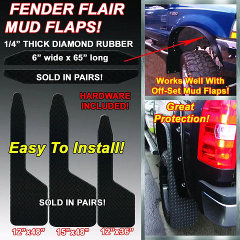 15 X 48 Fender Flair Long-John Style Mud Flaps Diamond Plate On one Side Smooth On the Other Side