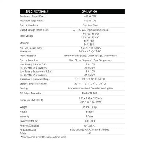 GP-ISW400-12: 400 WATT PURE SINE WA