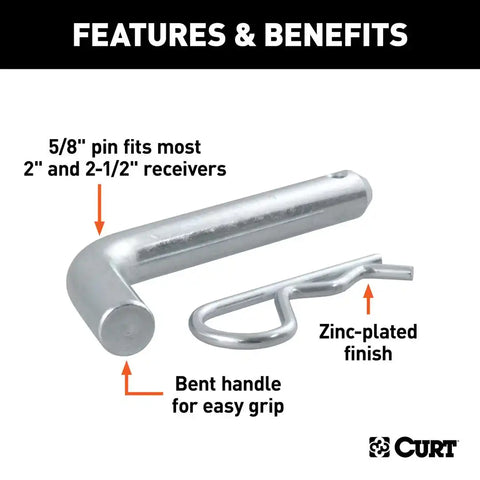 CURT 21581 5/8 Hitch Pin (2 or 2-1/2 Receiver, Zinc, Packaged)