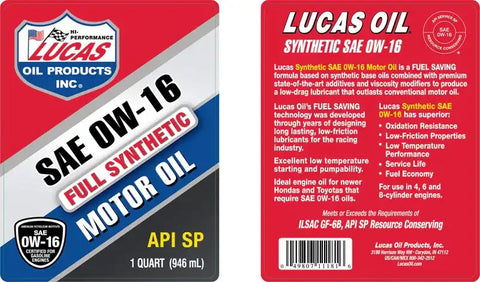 LUCAS OIL 11181 SYNTHETIC SAE 0W-16 API SP ILSAC GF