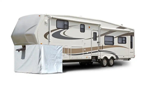 Adco 3501 Fifth Wheel Skirt 236 Inch Length x 64 Inch Height Polar White Laminated Vinyl With Zipper Doors For Storage Access